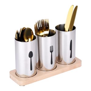 Organizador de cubiertos y cubiertos de metal de alta calidad más vendido, soporte para cubiertos con base de madera - Product Image 1