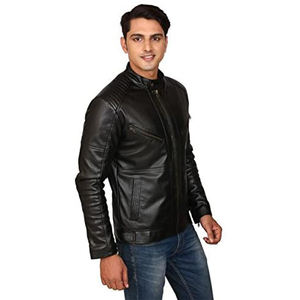 Blouson en cuir uni pour homme, col montant, style streetwear, en laine, pour moto, en promotion en ligne - Product Image 4