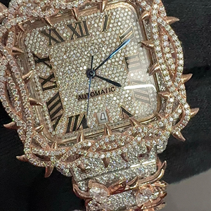 นาฬิกาข้อมือผู้ชายสุดหรู ระบบจักรกล ดีไซน์หนาม สีเงิน เหลือง ทอง โบราณ สไตล์ฮิปฮอป ธุรกิจ ประดับเพชรโมอิสซาไนต์ VVS สายหนังสแตนเลส - Product Image 1