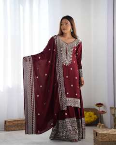 Créateur de mode indien pakistanais femmes 3 picss brodé Chinnon soie Salwar costumes pour la fête disponible prix de gros - Product Image 3
