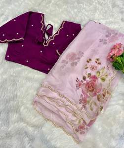 Dernière exclusivité Satin doux Organza Saree couleur lavande Sari avec fleur imprimé main indien classique fête vêtements ethniques femmes sari - Product Image 2