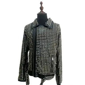 Customized Rock Punk Style Fashion Black Color Cow Skin Spikes & Studded Women Outdoor Windproof Leather Jackets