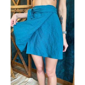 Jupe courte enveloppante en lin Boho, jupe ceinturée en lin, mini jupe portefeuille, jupe trapèze de plage pour femme, jupe d'été en lin - Product Image 1