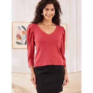 Pull en cachemire mélangé lin à col en V et manches bouffantes décontracté pour femmes - Product Image 1