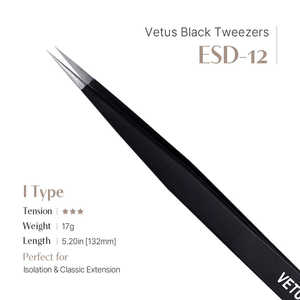 Pinzas de Precisión Vetus ESD-12 Negras, de Acero Inoxidable, en Forma de I, Aplicador de Cejas, Punta Puntiaguda de Alta Calidad, Pinzas para Volumen - Product Image 2