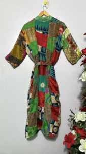 Best Selling Long Handmade Silk Sari Vintage Patchwork Kimono <b>Bridesmaid</b> Robes Women's Free Size Nightwear for Autumn Seasons - Product Image 4