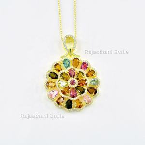 Colgante Fino de Plata de Ley 925 con Turmalina Natural Multicolor y Circonita Cúbica, Chapado en Oro de 14K, Piedra Preciosa de Corte Mixto, Tamaño 6 x 4 mm, Ideal para Regalo - Product Image 2