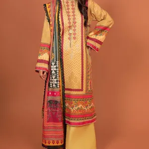 Dikişli pakistan artı boyutu çim elbise Dupatta ile sadece pamuk baskılı Salwar Kameez Palazzo üç parçalı çim takım elbise