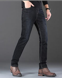 Jean bleu de haute qualité pour hommes Logo personnalisé Bouton latéral Skinny Baggy Stacked Denim Jean personnalisé brodé Hip Hop - Product Image 1