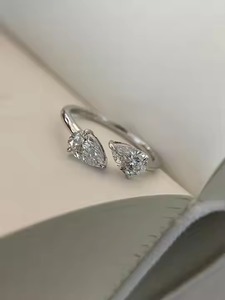 แหวนทองแบบก้าน14K แหวนหินสองอันแบบเรียบง่ายแหวนแบบเปิดพร้อมลูกแพร์ห้องแล็บปลูกเพชรงานหมั้นของขวัญวันครบรอบงานแต่งงาน - Product Image 3