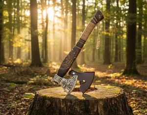 Hacha Vikinga de Acero al Carbono Hecha a Mano, Grado Industrial, con Mango de Madera para Supervivencia al Aire Libre y Camping, con Funda - Product Image 1