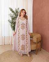Robe Kaftan Traditionnelle Musulmane pour Mariage Ramadan, Femme, Grande Taille, Légère, Longueur au Sol, Perlée, Georgette, Fait Main, Col Haut, Eid