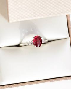10x8mm Oval Cut Red CZ 3 Stone Engagement <b>Ring</b> in <b>Silver</b> Gold Plated | Classic <b>Solitaire</b> Bridal Wedding Jewelry - Product Image 5