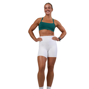 Shorts de sport taille haute pour femme, couleur unie, respirants, en tricot de spandex et polyester, coupe classique, taille élastique, blanc - Product Image 1