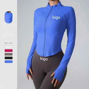 Chaqueta de yoga para mujer con cremallera completa, manga larga, de spandex y nailon, de secado rápido, transpirable, ecológica, ajustada, de color sólido, con logo personalizado. - Product Image 5