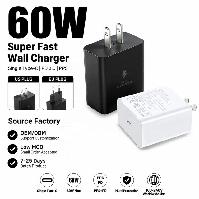 HNT OEM  60W GaN Fast Charger Single Type C Port PD PPS Power Adapter Super Fast Charger for Samsung Galaxy S24 Ultra S23 Plus