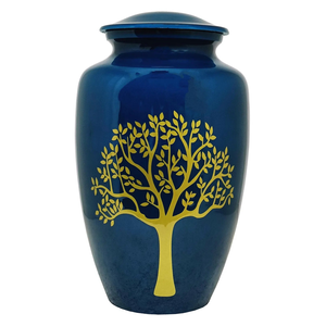 Urnas de cremación artesanales Urna de diseño de árbol de la vida Urna conmemorativa azul y dorada con tapa segura y bolsa de terciopelo - Product Image 3