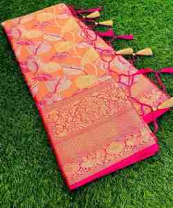 Listo para usar Sari-Terciopelo, seda y organza con encaje de flores de secuencia - Product Image 6