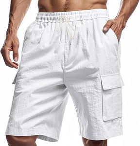 Short en lin pour homme Short de plage d'été décontracté Pantalon cargo à taille élastique et à cordon de serrage avec plusieurs poches - Product Image 1