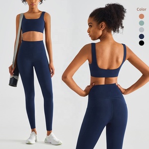 2pcs Femmes XL High pour Impact Sports Bra Quick Dry Yoga Pants Set Solid Adjustable Buckle Tummy Control Gym Fitness Plus Size - Product Image 2