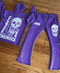 Ensemble sweat-shirt et pantalon de survêtement unisexe vintage en molleton uni, avec sweat à capuche à ourlet brut et joggers évasés, vente en gros - Product Image 3