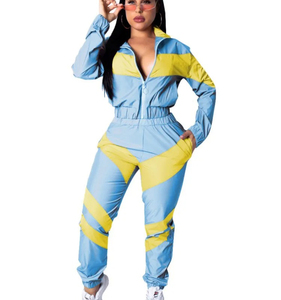 Stand Collar Color Block Stripe <b>Zip</b> <b>up</b> Long Sleeve <b>Cropped</b> Jacket and Pant 2-Piece Women's Outfit Sporty Windbreaker Tracksuit - Product Image 1