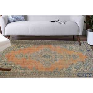 Tapis turc imprimé orange de style vintage, design Oushak, tapis en chenille - Product Image 1