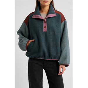 Sweat-shirt décontracté à col en V, coupe ample, demi-boutonnage, à manches longues, avec blocs de couleur, pour femme, broderie personnalisée - Product Image 1