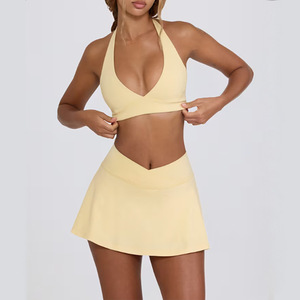 Conjunto de Top Deportivo y Falda de Tenis con Cuello Halter en V de Color Sólido para Mujer, Cómodo, Elástico, de Secado Rápido, Ropa Deportiva Frontal para - Product Image 2