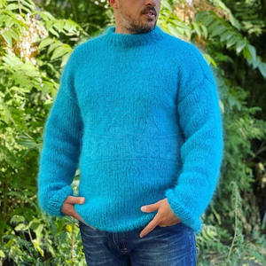 Pull en maille d'hiver pour homme uni de couleur unie avec épaules tombantes, design personnalisable, mohair de haute qualité - Product Image 6