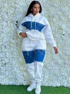 Ensemble de survêtement en denim à capuche pour femmes grande taille, 2 pièces, vêtements de rue d'hiver, haut à manches longues, pantalon assorti, costume de fête - Product Image 4