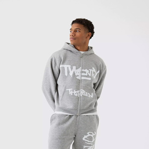 Venta al por mayor personalizado gris marga de gran tamaño chándal para hombres Boxy Fit Spray Graffiti Print Split Hem Hoodie & Jogger Streetwear Set - Product Image 4