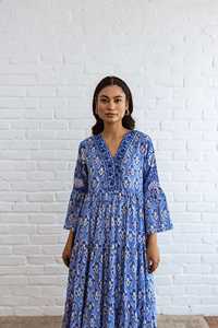 OEM Custom Blue Floral Print Boho Maxi Dress for Women Sexy V-Neck Rayon Ruffles Summer <b>Beach</b> Casual <b>Robe</b> Femme Plus Size - Product Image 6