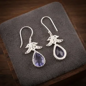 925 <b>Sterling</b> <b>Silver</b> Bohemian Drop <b>Earrings</b> Geometric Pattern Purple Iolite Bezel <b>Set</b> Handmade Dangle <b>Earrings</b> - Product Image 4