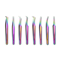 Pack de 8 pinces à épiler professionnelles de luxe arc-en-ciel pour sourcils, extensions, pointues, en acier à haute teneur en carbone, durables, pour cils 3D 6D, avec étui