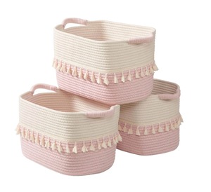 Ensemble de 3 paniers en macramé rose et blanc faits à la main, organisateur de rangement pour la coiffeuse, les soins de la peau et les accessoires, en provenance d'Inde - Product Image 6