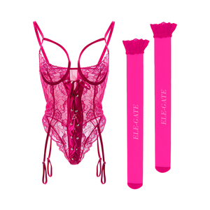 Corsé de encaje con cordón ajustable frontal, liguero y medias elegantes - Product Image 2