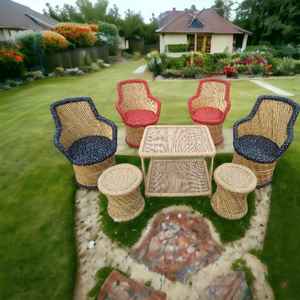 Ensemble de table et chaise de jardin en bambou Super Deluxe Ensemble de meubles de jardin d'extérieur avec 4 chaises et ensemble de table/pouf - Product Image 1
