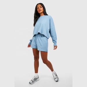 Automne hiver deux pièces femmes haut court à capuche ensemble couleur unie mode décontracté Design bouton motif poignets livraison directe - Product Image 3