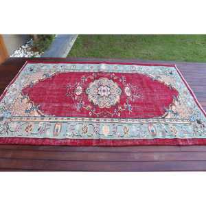 พรมตุรกีโบราณขนาดใหญ่ 5.3x8.1 ฟุต ลายตารางสีแดง ทำจากขนสัตว์ - Product Image 3