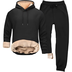 Conjunto Deportivo de Sudadera con Capucha y Pantalones de Chándal para Hombre, Forro Polar Negro, Ropa Casual de Invierno, Manga Larga, Color Sólido, Pantalones con Cordón - Product Image 1