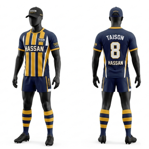 Uniforme de Rugby Premium para Hombre, Tela de Poliéster y Spandex de 280 GSM, Diseño de Paneles a Rayas Doradas y Azules, Logotipo Personalizado por Sublimación - Product Image 1