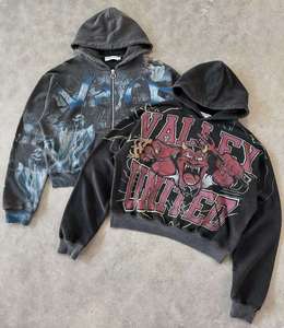 Veste zippée streetwear vintage à fleurs d'automne personnalisée, impression numérique, tissu molletonné français, délavage acide, effet usé, 100% coton - Product Image 1