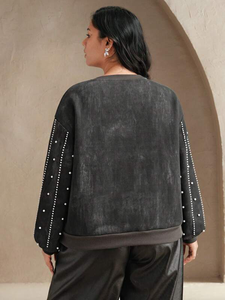 Women’s Stud Embellished Sweatshirt Round Neck <b>Long</b> <b>Sleeve</b> Relaxed Pullover <b>Black</b> Casual Streetwear <b>Top</b> Wholesale B2B Sweatshirt - Product Image 5