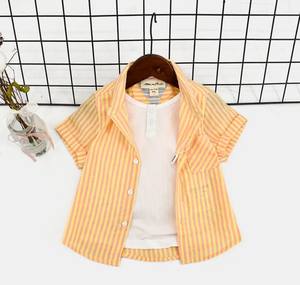 Conjunto de dos piezas de camisa de solapa de manga corta para niños a rayas transpirables de algodón informal para niños - Product Image 4
