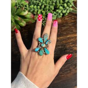 Navajo Handmade Royston <b>Turquoise</b> Sterling Silver Cluster <b>Ring</b> Size 8 - Product Image 2