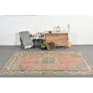 พรมตุรกีวินเทจคลาสสิกสีส้มสีเบจ5.4 x 9.2ft ขนแกะที่ทำด้วยมือเย็บปะติดปะต่อกันสี่เหลี่ยมผืนผ้าลายทางสำหรับห้องนั่งเล่นด้านหลังเป็นยาง - Product Image 1