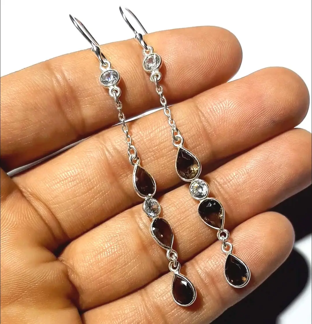 Handmade Smoky Quartz & Crystal Long Dangle Earring Handmade 5x7mm Pear 4mm Square Jewelry Wholesale Silver Jewelry for Gift