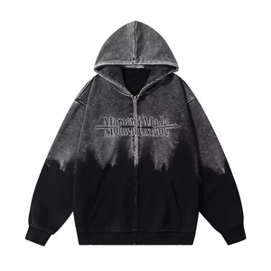 Men Dip-Dye <b>Zip</b> <b>Hoodie</b> Gothic Streetwear Sweatshirt with Moment Made Embroidery and Washed <b>Black</b> Finish - Product Image 1