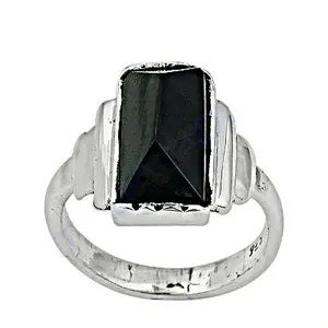 "Men's Rhodium-Plated 925 Silver Geometric Diamond Cut <b>Onyx</b> <b>Ring</b> with Bezel Setting" - Product Image 3